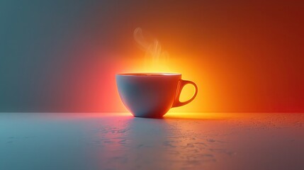 a stylized neon coffee cup in orange glowing on a white background and white tabletop,