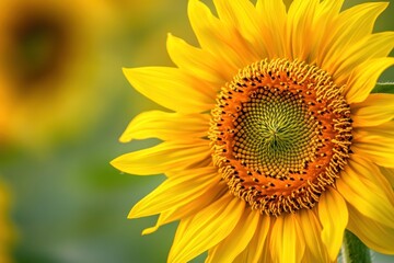 Obraz premium A vibrant sunflower with a bright yellow center and orange petals, set against a blurred background of green foliage.