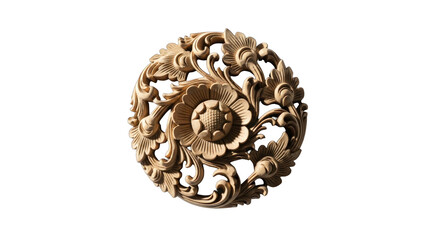 Intricate circular wooden carving with floral and leaf motifs on a white background.