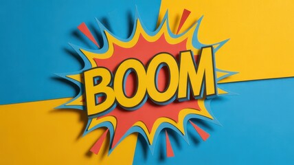 Boom" comic explosion graphic on vibrant yellow and blue background