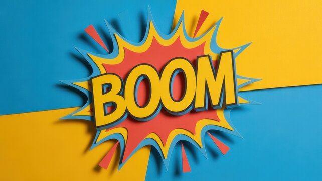 Boom" comic explosion graphic on vibrant yellow and blue background - Powered by Adobe