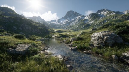 Serene Mountain Landscape with Stream, Lush Green Valley, and Majestic Peaks Beneath Clear Blue Sky and Bright Sun