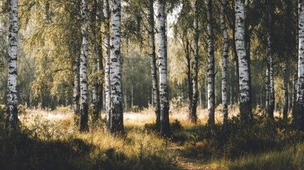 Fototapeta premium Tranquil Birch Forest with Sunlight Filtering Through Trees and Lush Greenery in Nature Setting