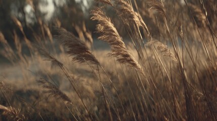 Golden Reeds Swaying Gently in the Breeze at Sunset During Autumn in a Natural Marsh Environment