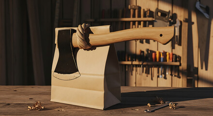 Crafting Confidence An axe playfully secured to a paper bag creates a rugged charm, embodying the blend of tradition and modern life, woodworking artistry, and the spirit of skilled craftsmanship