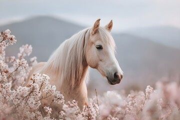 A light yellow horse standing among the blooming flowers focused on her soft eyes and the wind lifting her hair. The field was filled with cream, purple and soft pink flowers