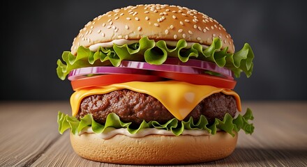 A delicious, tall hamburger with fresh lettuce, ripe tomatoes, red onions, and melted cheese on a sesame seed bun