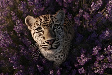 Ultra-realistic 4K Aerial view from a leopard sitting on a lavender flower field, looking up directly to the sky