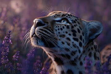 Ultra-realistic 4K Aerial view from a leopard sitting on a lavender flower field, looking up directly to the sky
