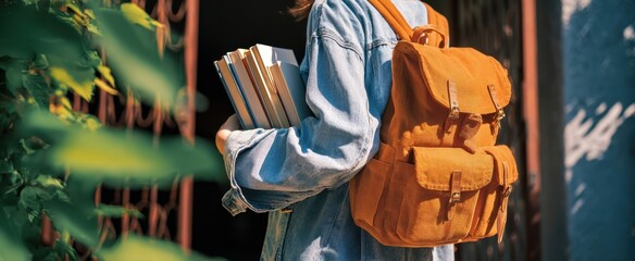The backpack and student carrying books along a sunlit urban campus pathway