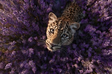 Ultra-realistic 4K Aerial view from a leopard sitting on a lavender flower field, looking up directly to the sky