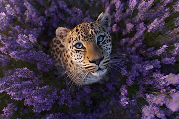 Ultra-realistic 4K Aerial view from a leopard sitting on a lavender flower field, looking up directly to the sky