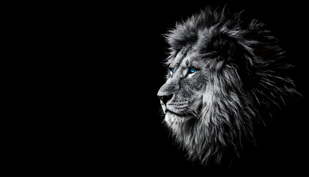 Majestic lion portrait with piercing blue eyes on a black background