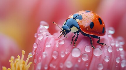 Fototapeta premium Colorful ladybug resting on a pink flower surrounded by glistening water droplets in a bright garden setting