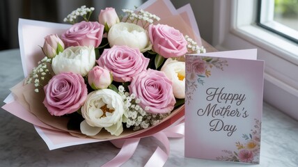 Elegant pink and white rose bouquet with happy mother's day card