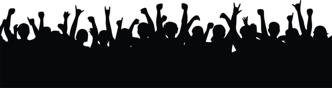 Crowd Silhouette with Hands Raised, Audience Cheering Banner Graphic, Concert or Rally Crowd Outline, Celebration or Excitement Border, vector, illustration.