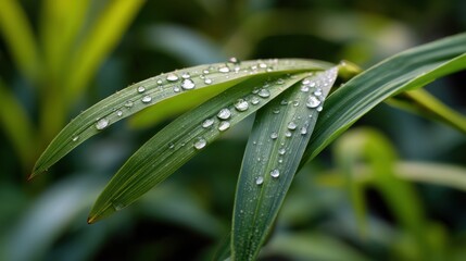 A close-up of dew drops on green leaves in soft morning light. 