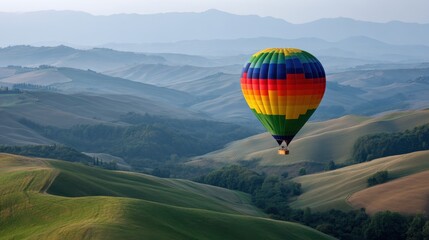 Fototapeta premium A colorful hot air balloon floating over rolling green hills at dawn. 