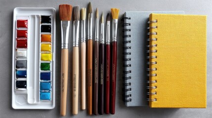 A flat-lay of art supplies: paintbrushes, watercolors, and sketchbooks on a canvas. 