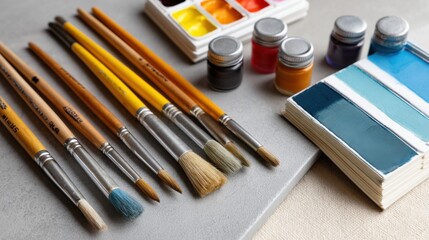 A flat-lay of art supplies: paintbrushes, watercolors, and sketchbooks on a canvas.