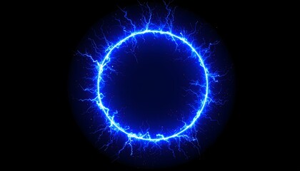 Glowing Blue Electric Energy Ring with Plasma Lightning Bolts on Black Background