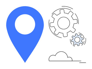 Blue location pin alongside interconnected gears and a simple cloud. Ideal for themes thumbs up navigation, technology, innovation, development, teamwork, workflow, and optimization. Simple flat