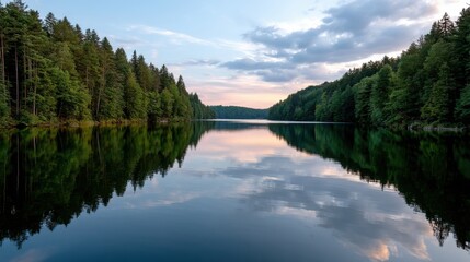 A serene lake reflecting a dense forest and pastel sunset sky. 
