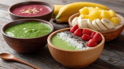A rustic wooden table set with a healthy breakfast of smoothie bowls and fruit. 