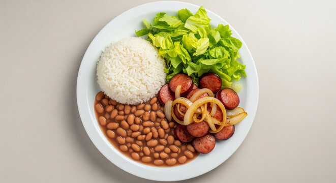 Traditional Brazilian Meal Plate with Rice, Beans, Smoked Sausage with Onions, and Fresh Lettuce