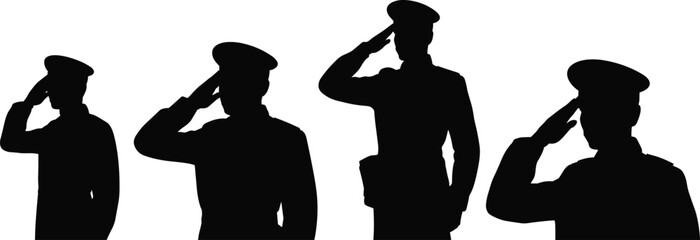 Military salute silhouette, uniformed soldiers, patriotic tribute, armed forces respect, ceremonial gesture, honor and discipline, veterans day graphic, side profile