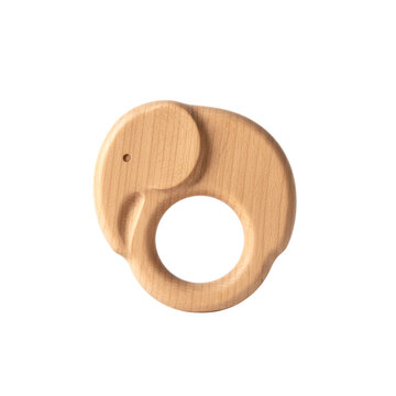 Natural wood baby teether ring in the shape of a smooth elephant.
