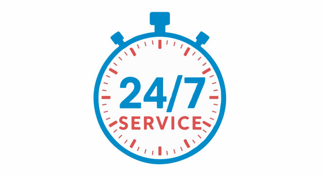 24/7 Service stopwatch icon representing continuous business operation, customer support, and quick availability vector graphic.