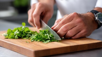 Close-up of a chef's hands slicing fresh herbs with precision on a wooden board.