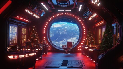 Interior of a spaceship, decorated for Christmas with holographic projections and minimalist ornaments, view of Earth from a porthole, ambient lighting