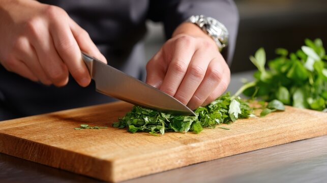 Close-up of a chef's hands slicing fresh herbs with precision on a wooden board. 
