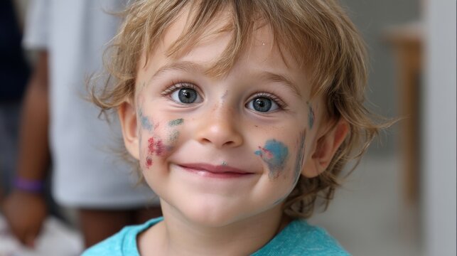 Close-up of a child's joyful face with paint smudges during an art class.  - Powered by Adobe