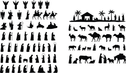 Nativity silhouette, Christmas scene, holy family, wise men, shepherds, angels, baby Jesus, Bethlehem, religious art, black vector, Christian holiday, manger, animals, star