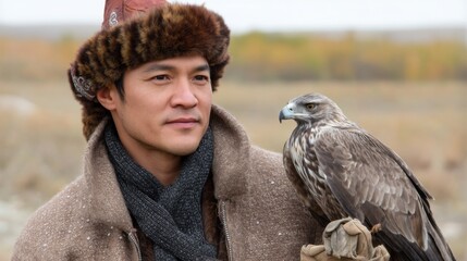 Close-up of a Kazakh falconer's stern gaze, holding a bird on a leather glove.