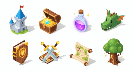 Vibrant Isometric Fantasy Adventure Game Elements Collection Castle, Treasure, Potion, Dragon, Shield, Swords, Map, and Enchanted Tree Icons