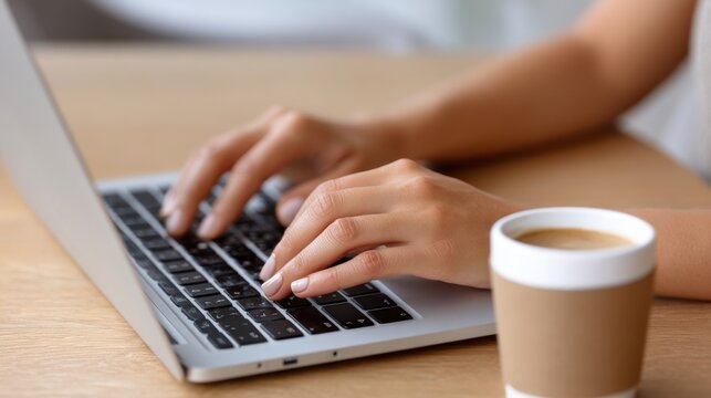 Close-up of a woman's hands typing on a laptop, with a coffee cup nearby.  - Powered by Adobe