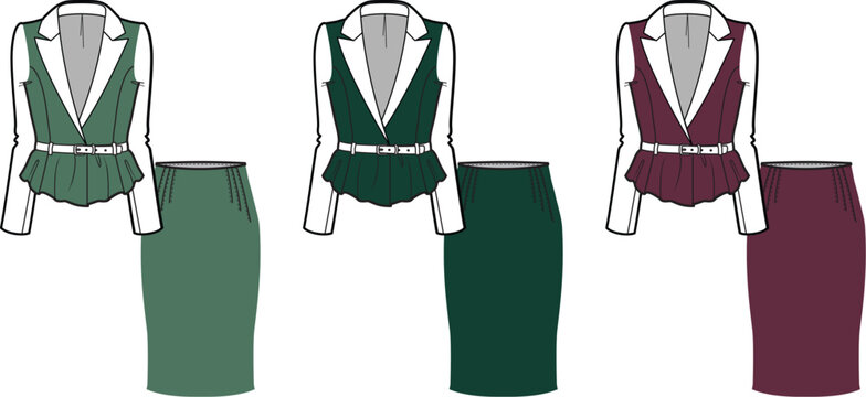 Stylish Women's Formal Wear Collection Jackets, Vests, and Pencil Skirts in Various Colors