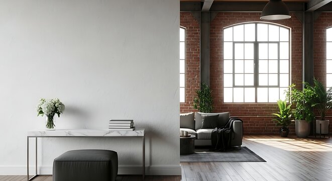 Modern loft living room with exposed brick walls, large arched windows, comfortable sofa, and lush green plants - Powered by Adobe
