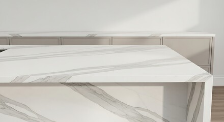 Elegant white and grey veined marble waterfall countertop in a minimalist kitchen interior.