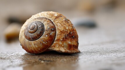 Macro view of a seashell's intricate spirals, resting on wet sand. 