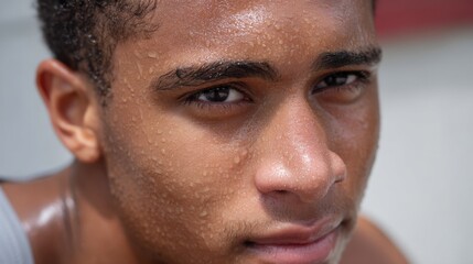 Portrait of a young athlete with sweat on their brow, intense focus post-workout. 