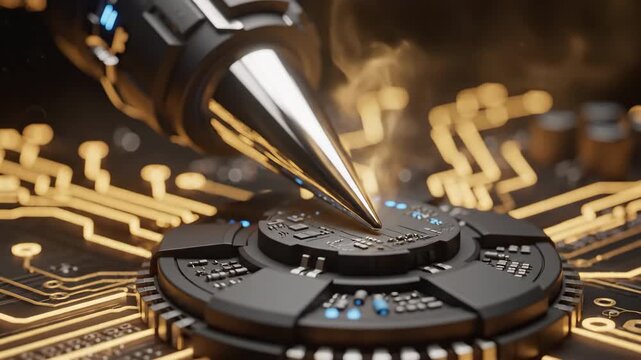 A 3D rendering of a soldering iron tip touching a circuit board depicting electronic technology innovation