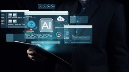 A businessman holds a tablet displaying a virtual AI interface filled with digital data analytics overlays, emphasizing technology and innovation in modern business. Qubit - Powered by Adobe