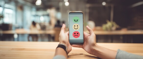 The phone displaying emoji feedback survey in a modern coworking space setting