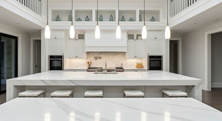 A spacious, modern, white kitchen with a large marble island and pendant lights.