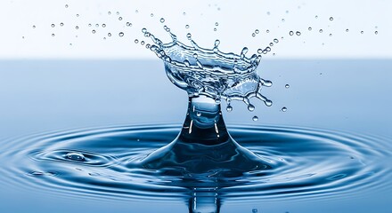 A single water droplet creating a splash crown and ripples on a calm blue water surface